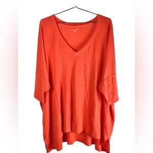 Eileen Fisher top linen v neck short sleeve oversized hi lo notched hem nubby